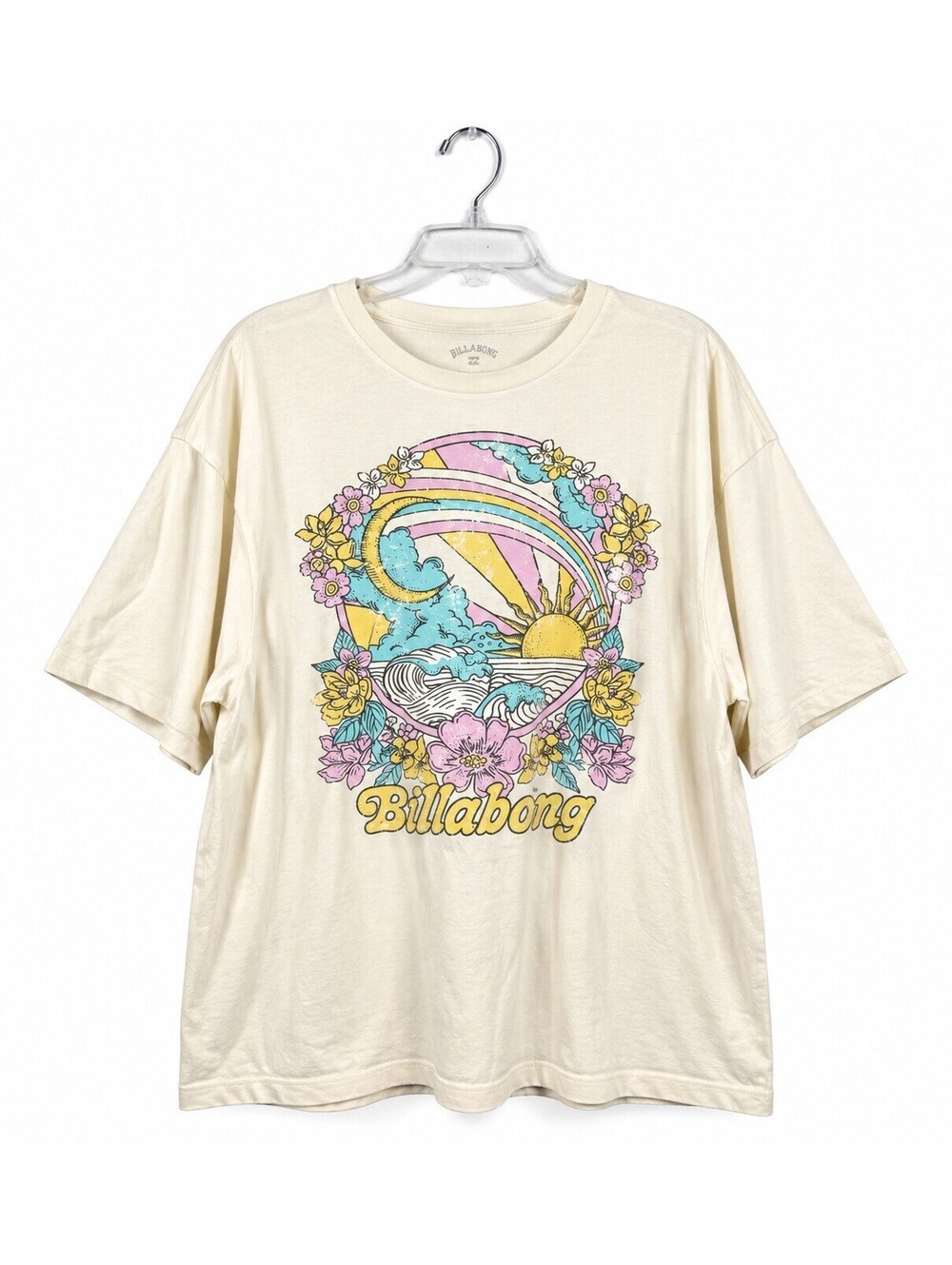 Billabong Womens L Graphic Tee Oversized Retro Surf Floral Rainbow Boho Shirt